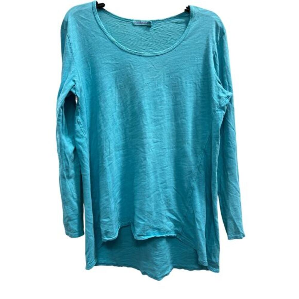 Fresh Produce teal blue slub asymmetrical hem made in USA  Jersey knit top sz L